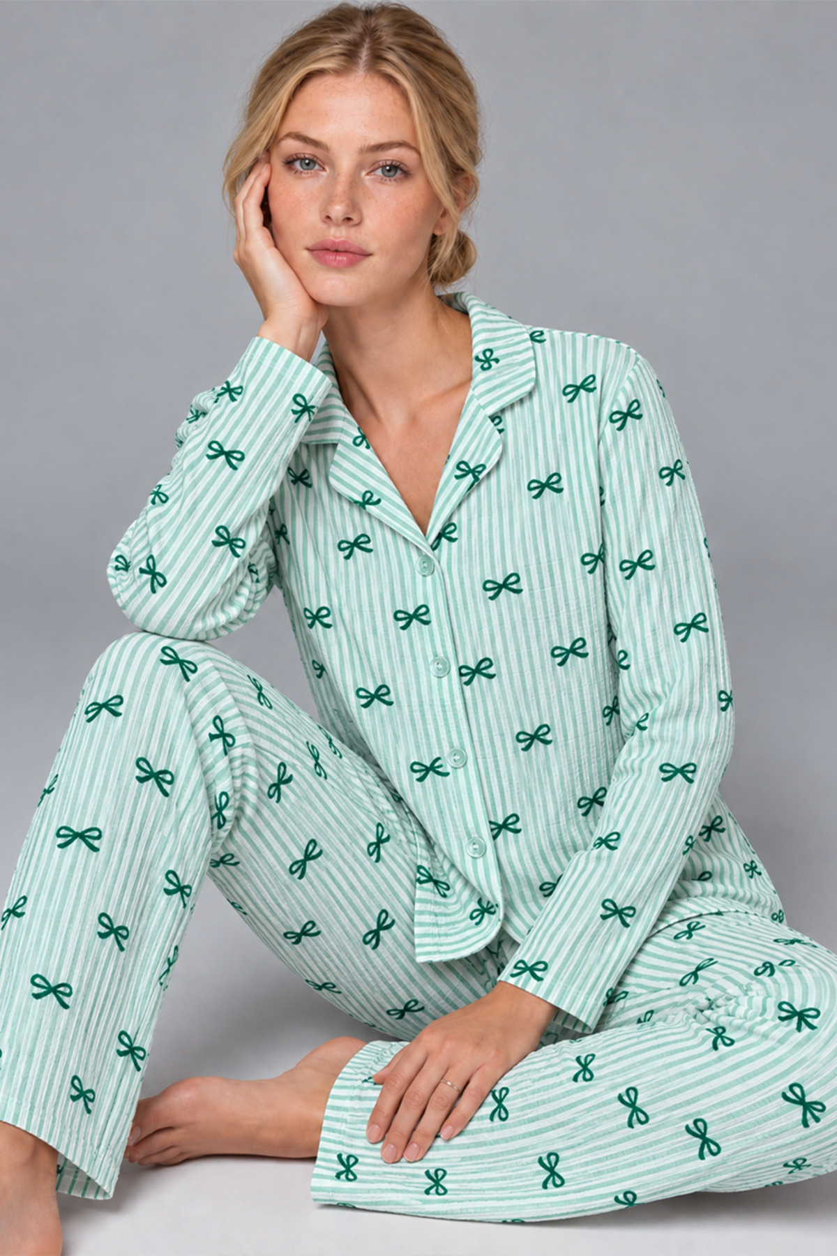 Kadın Kurdela Desenli Bol Yeşil Pijama Takımı 4799 5