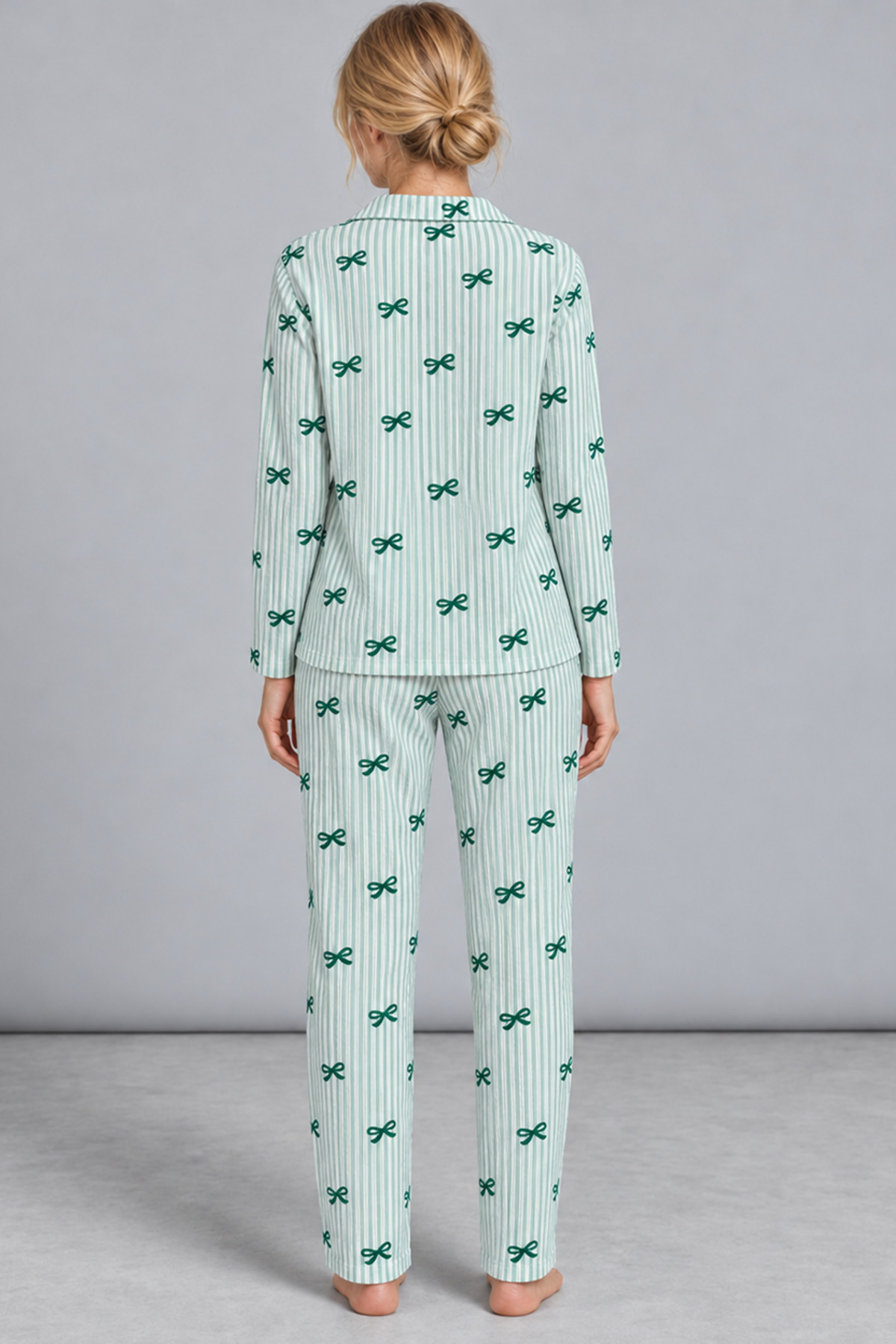 Kadın Kurdela Desenli Bol Yeşil Pijama Takımı 4799 4