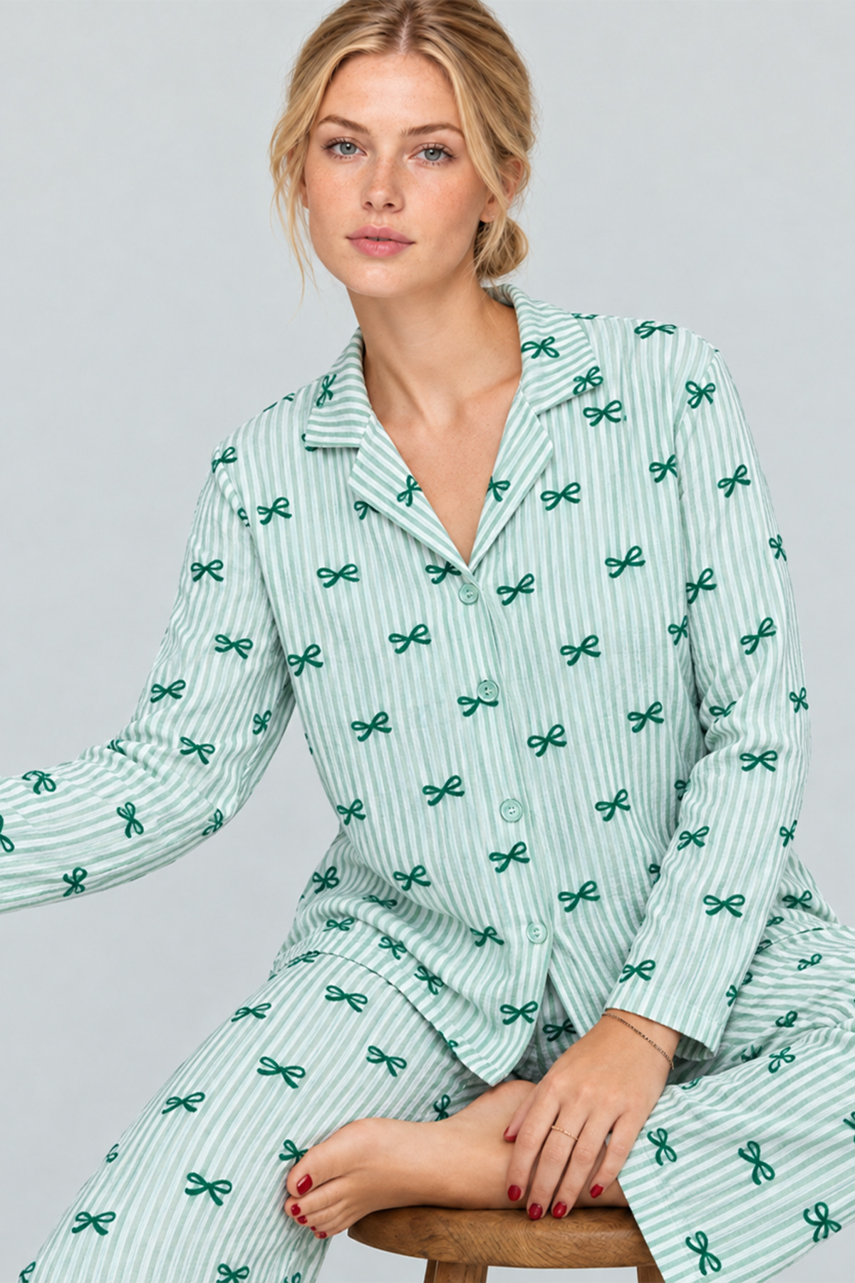 Kadın Kurdela Desenli Bol Yeşil Pijama Takımı 4799 6