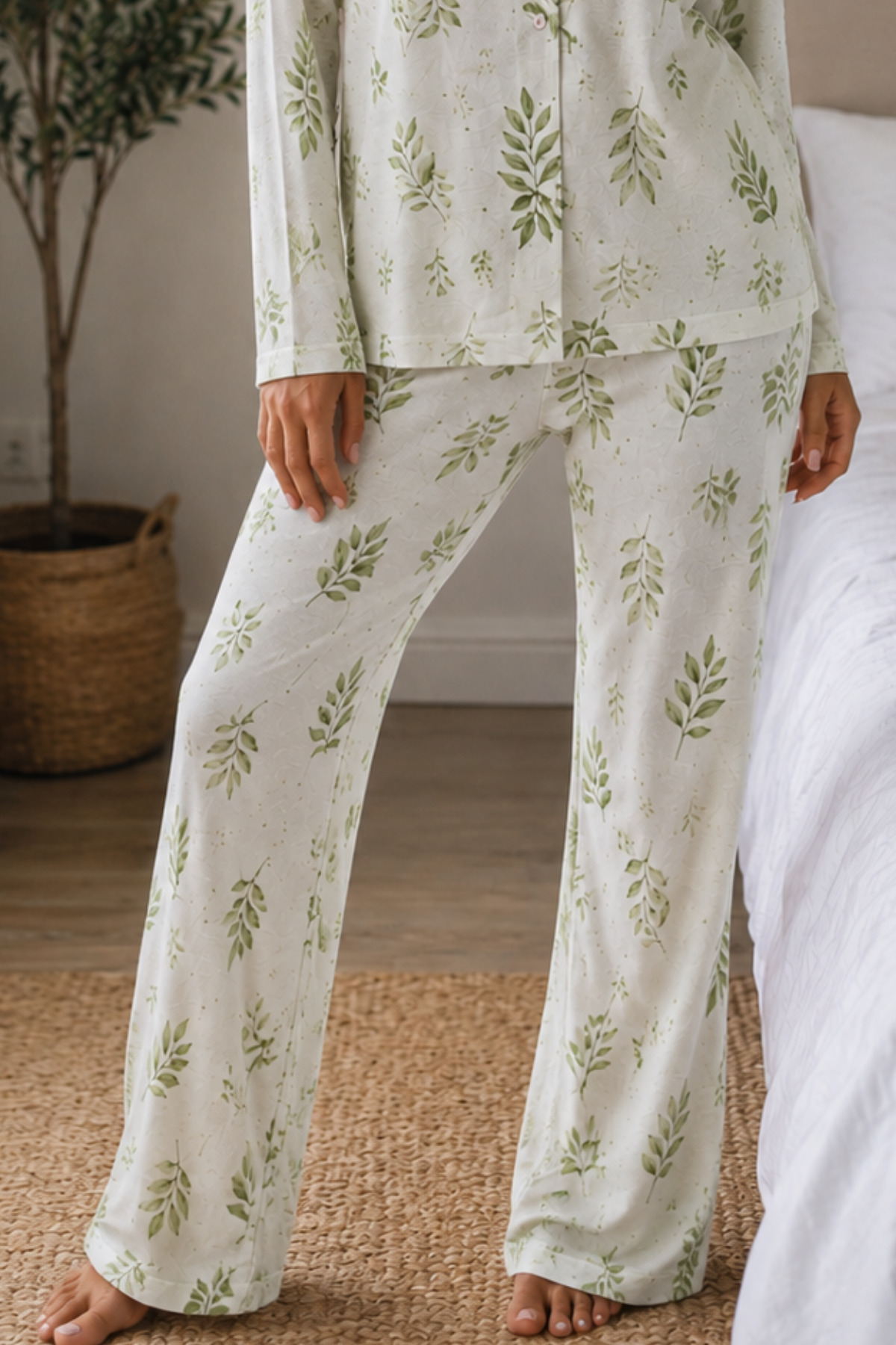 Kadın Örme Gömlek Yaka Çağla Yeşili Pijama Takımı 4