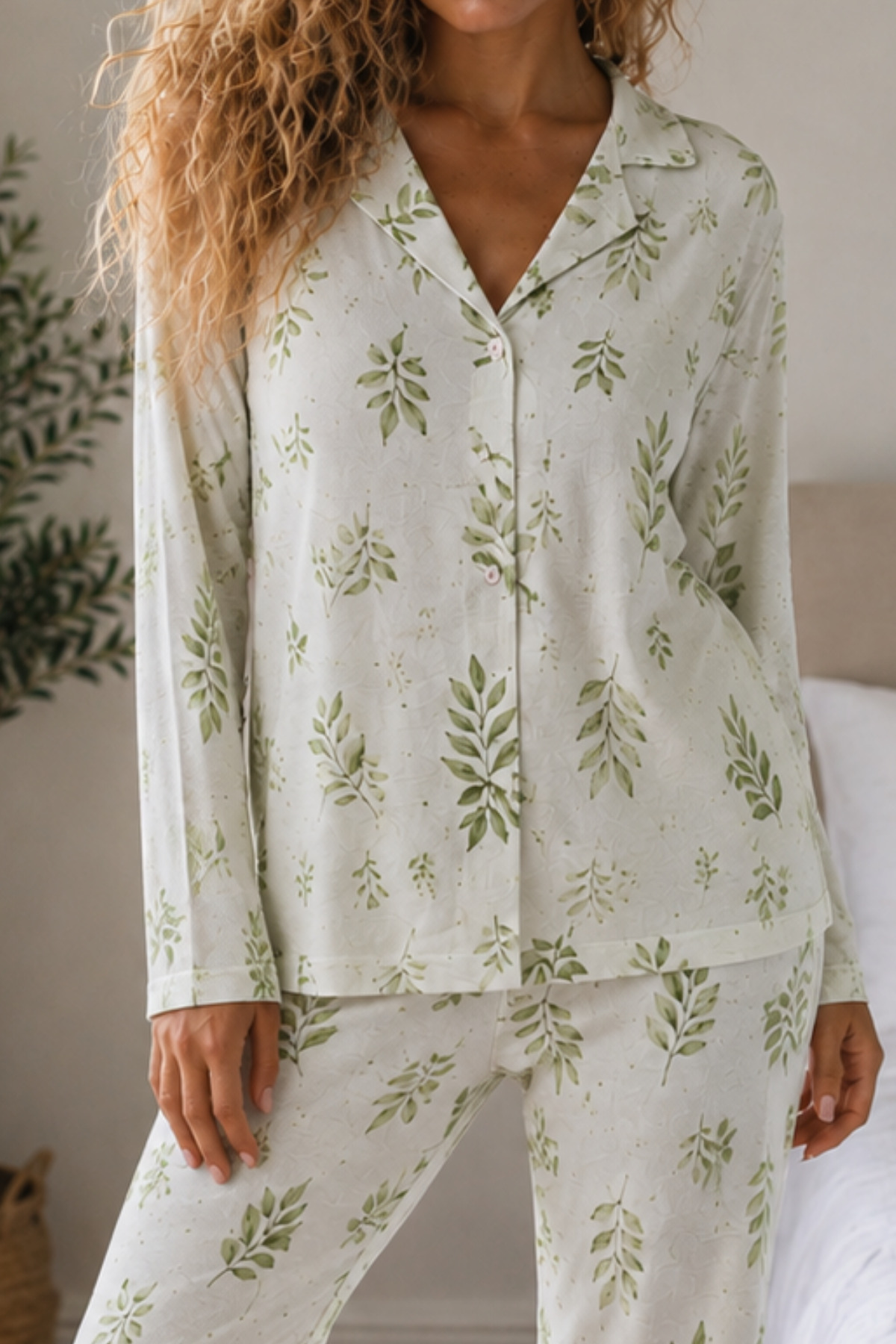 Kadın Örme Gömlek Yaka Çağla Yeşili Pijama Takımı 3