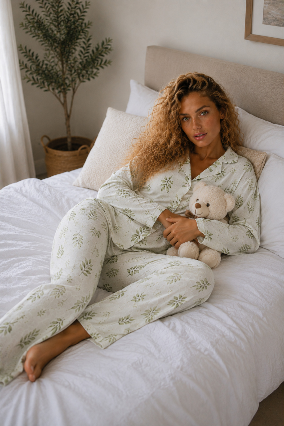 Kadın Örme Gömlek Yaka Çağla Yeşili Pijama Takımı 5