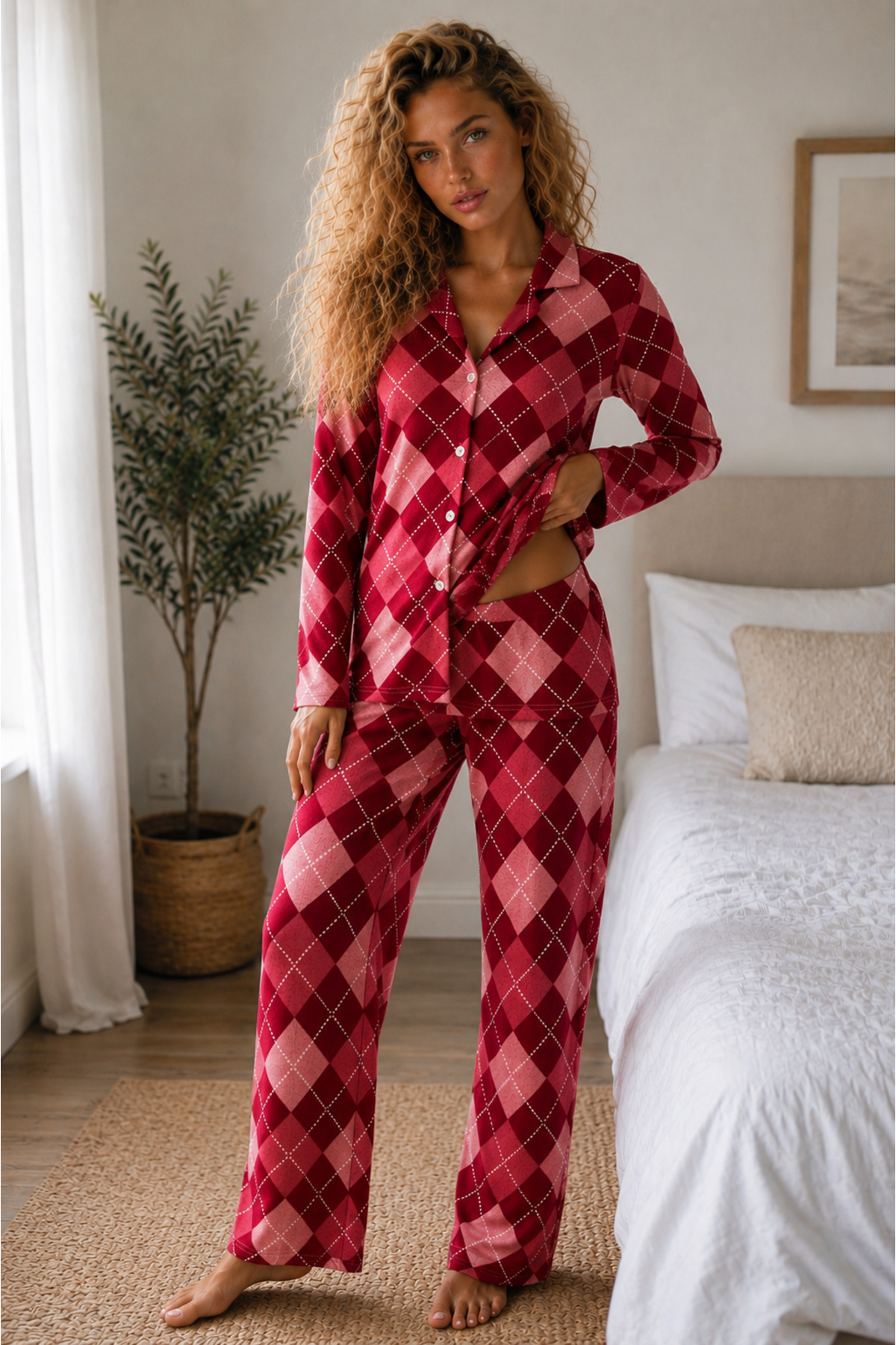 Kadın Örme Gömlek Yaka Kırmızı Pijama Takımı 6