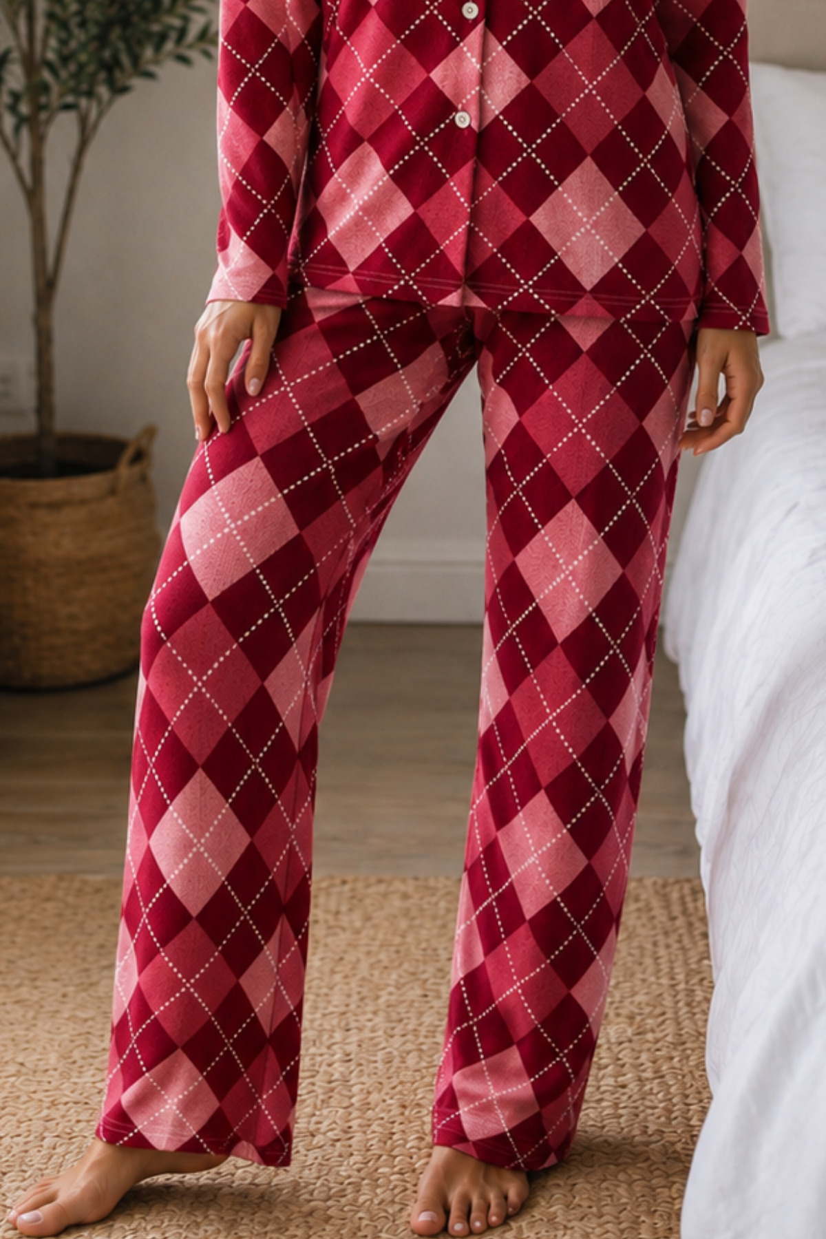 Kadın Örme Gömlek Yaka Kırmızı Pijama Takımı 4
