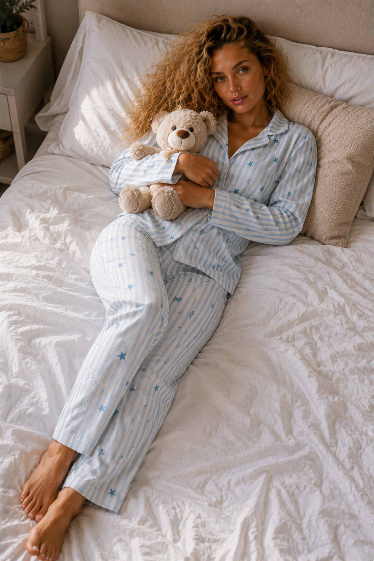 Kadın Örme Gömlek Yaka Mavi Pijama Takımı 5