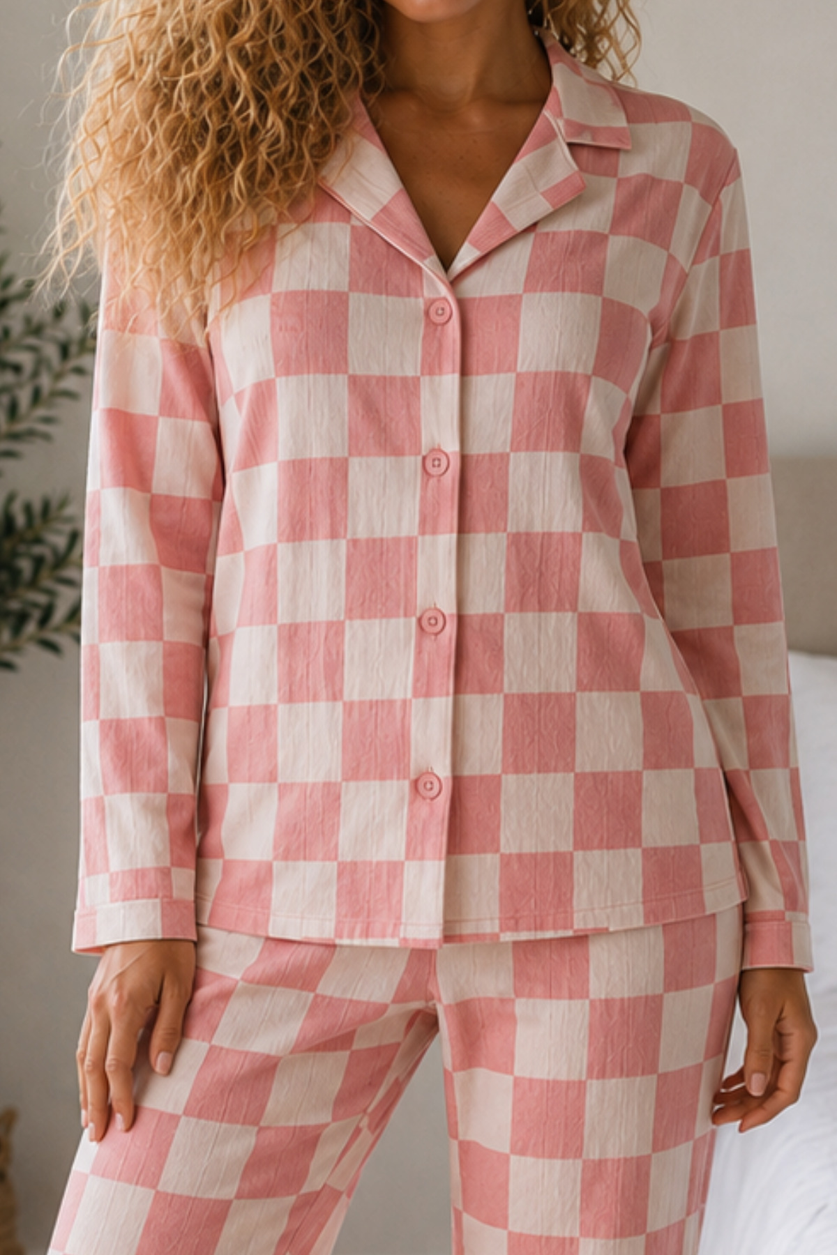 Kadın Örme Gömlek Yaka Pembe Pijama Takımı 3