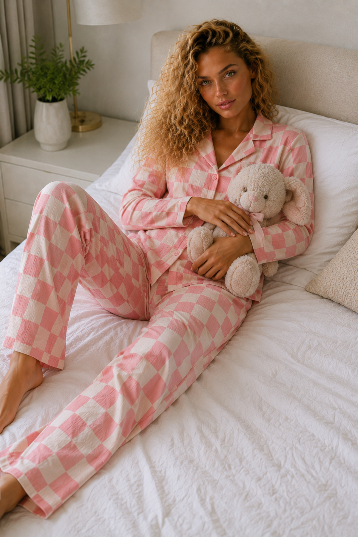 Kadın Örme Gömlek Yaka Pembe Pijama Takımı 5