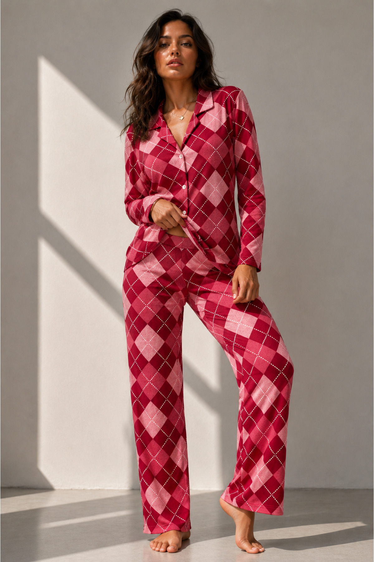 Kadın Uzun Kol Pamuklu Kırmızı Pijama Takımı 6