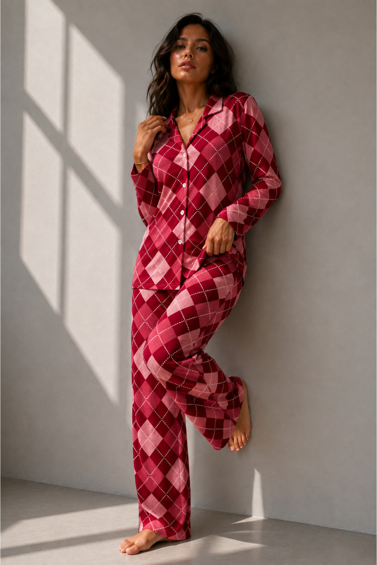 Kadın Uzun Kol Pamuklu Kırmızı Pijama Takımı 5
