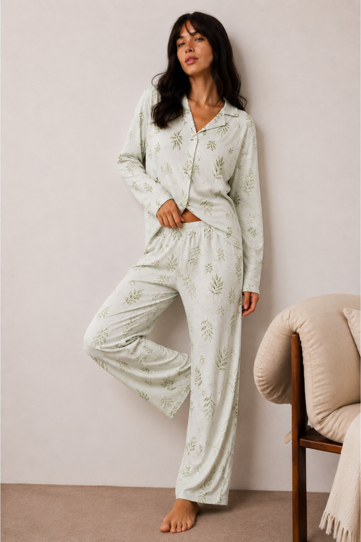 Kadın Düğmeli Kışlık Ev Çağla Yeşili Pijama Takımı 6