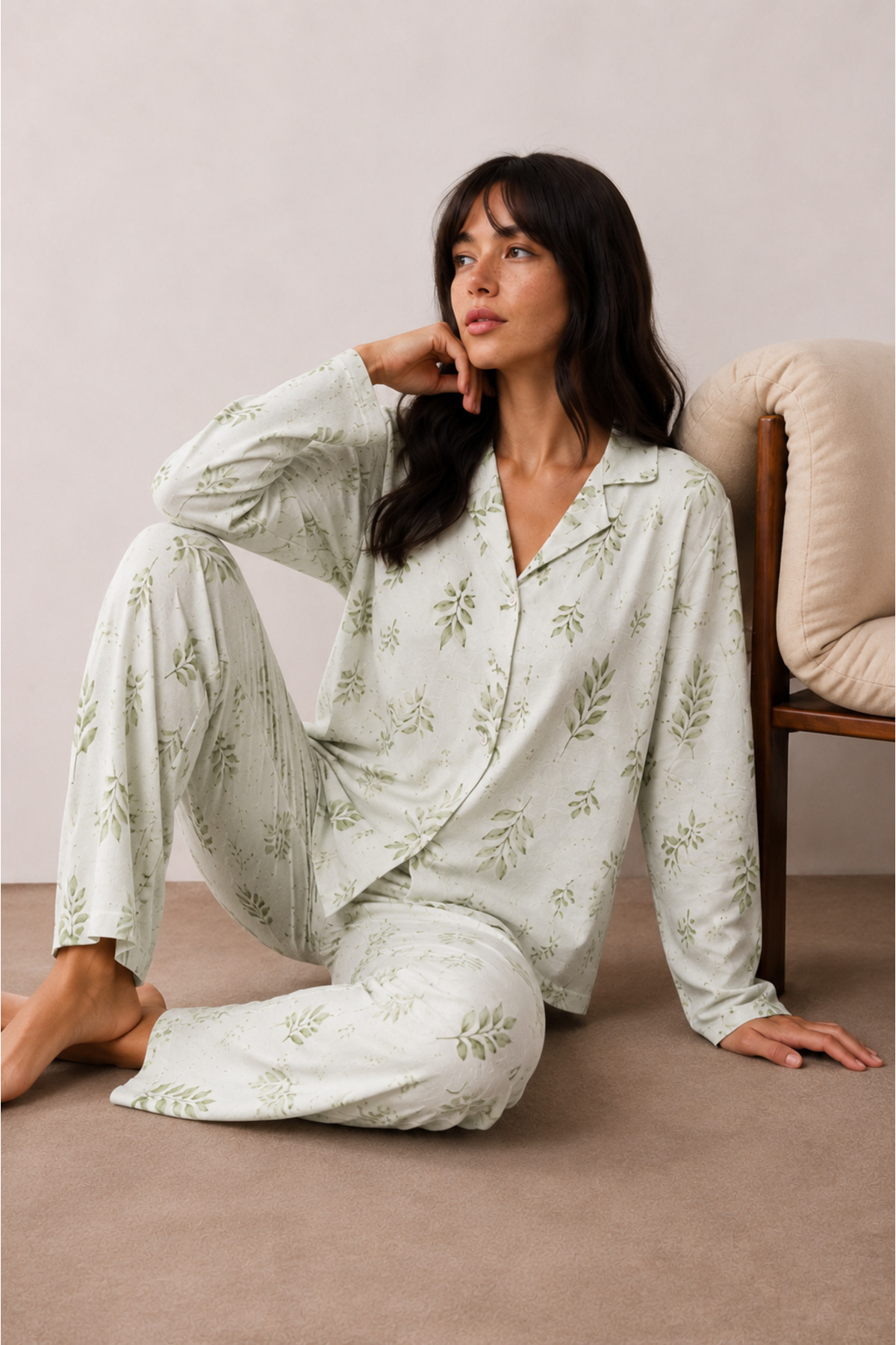 Kadın Düğmeli Kışlık Ev Çağla Yeşili Pijama Takımı 5