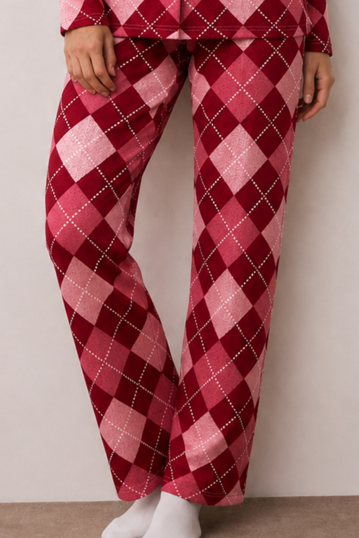 Kadın Düğmeli Kışlık Ev Kırmızı Pijama Takımı 4