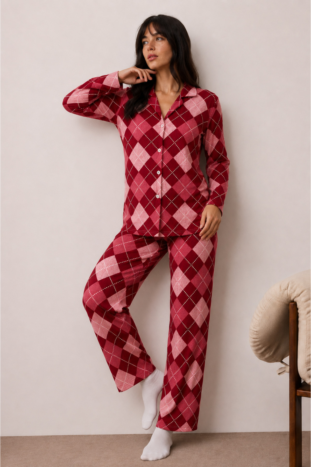 Kadın Düğmeli Kışlık Ev Kırmızı Pijama Takımı 6