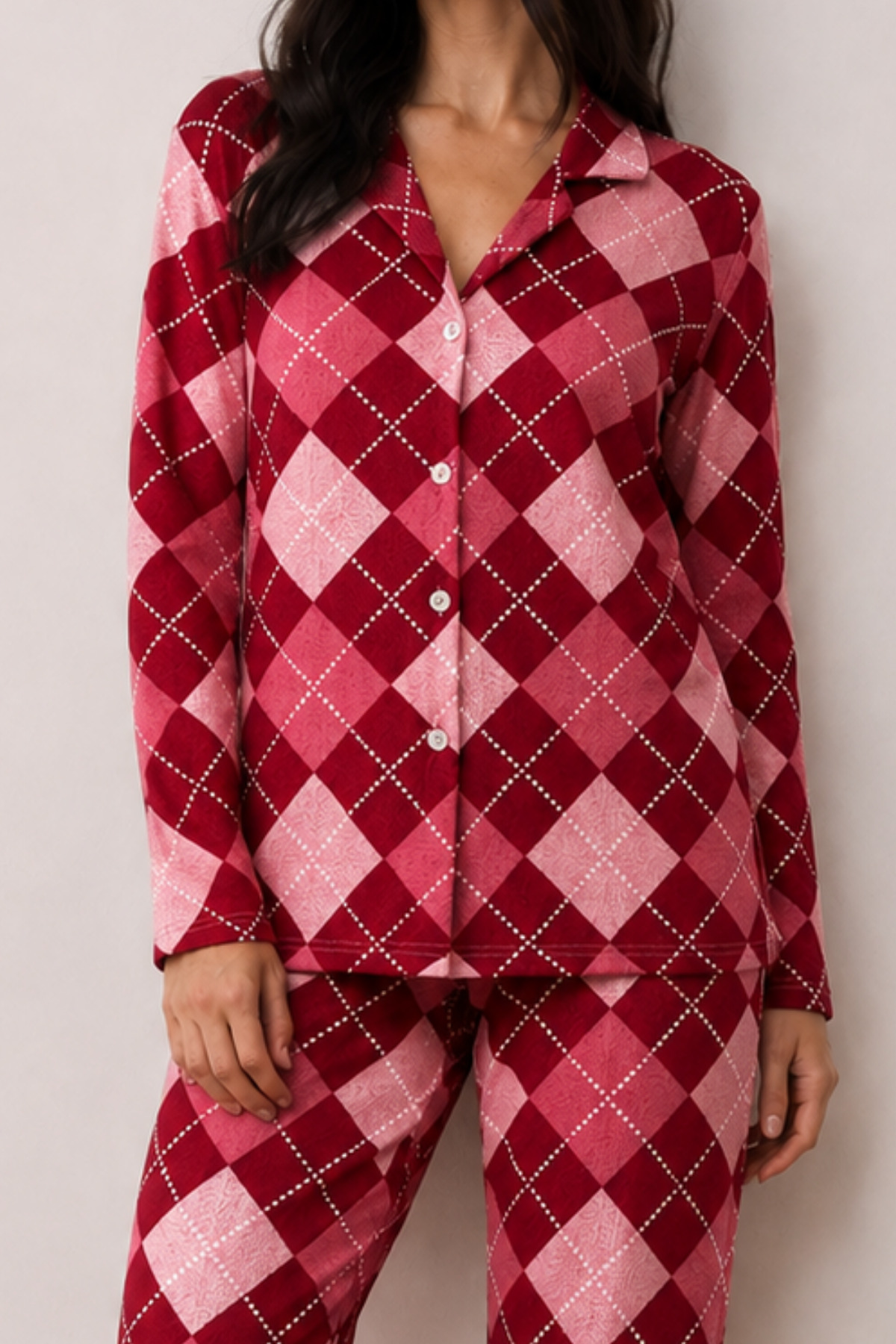 Kadın Düğmeli Kışlık Ev Kırmızı Pijama Takımı 3