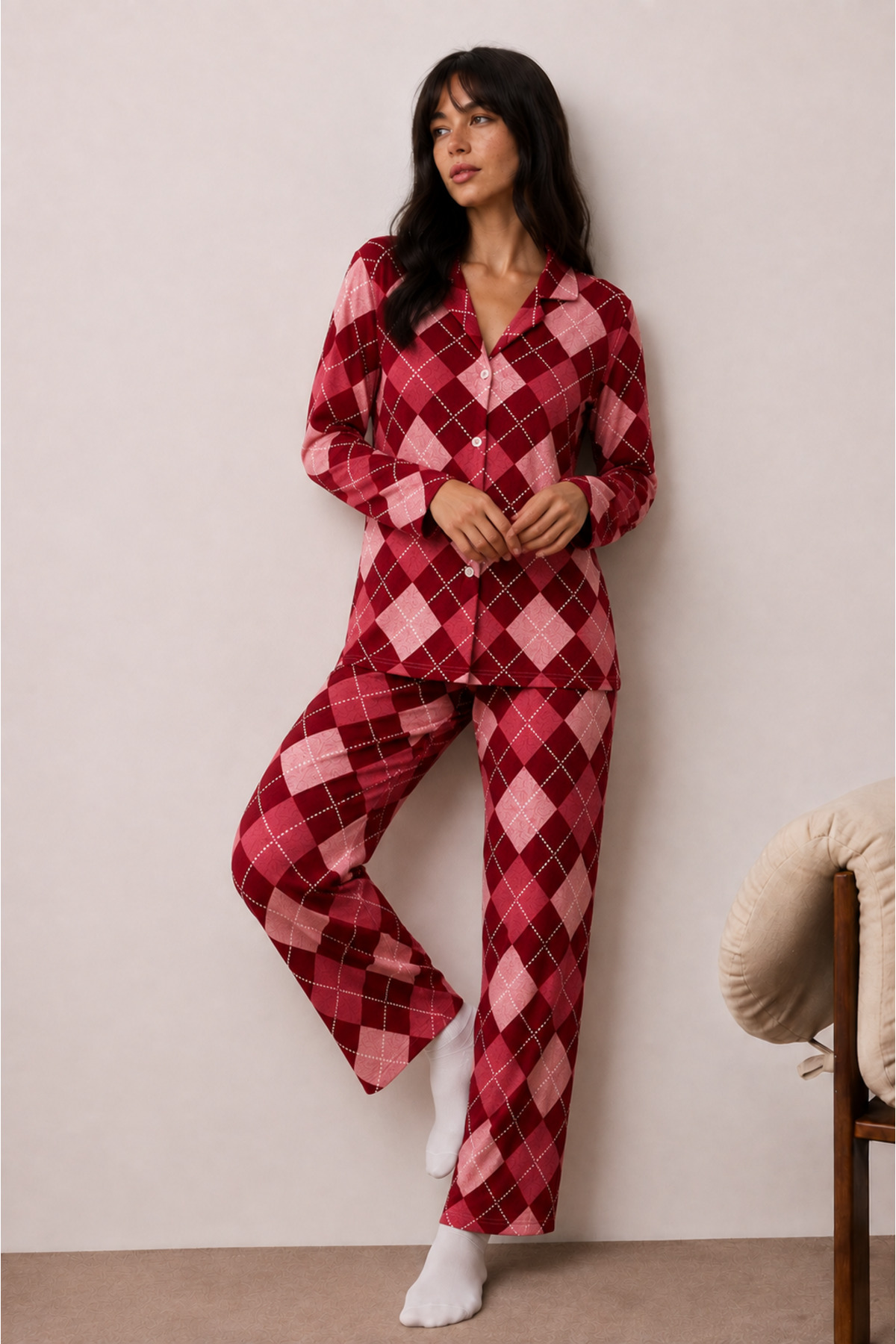 Kadın Düğmeli Kışlık Ev Kırmızı Pijama Takımı 5