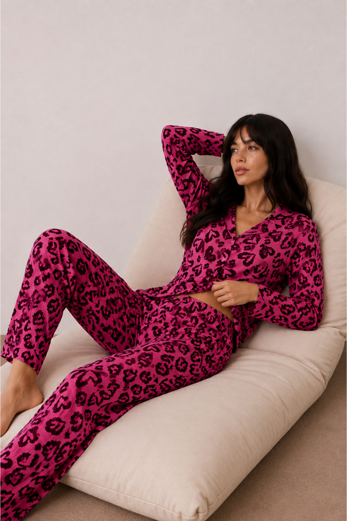 Kadın Düğmeli Kışlık Ev Lila Pijama Takımı 5