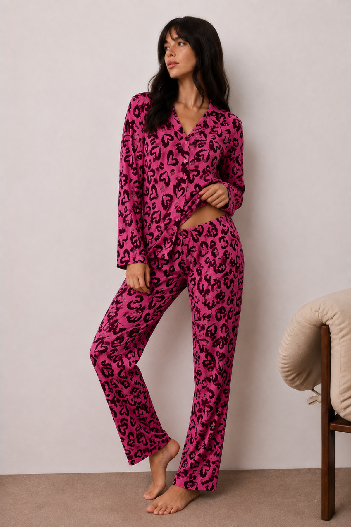 Kadın Düğmeli Kışlık Ev Lila Pijama Takımı 6