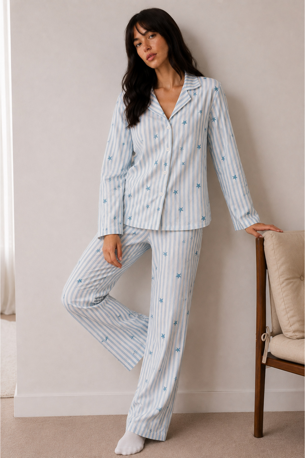 Kadın Düğmeli Kışlık Ev Mavi Pijama Takımı 5
