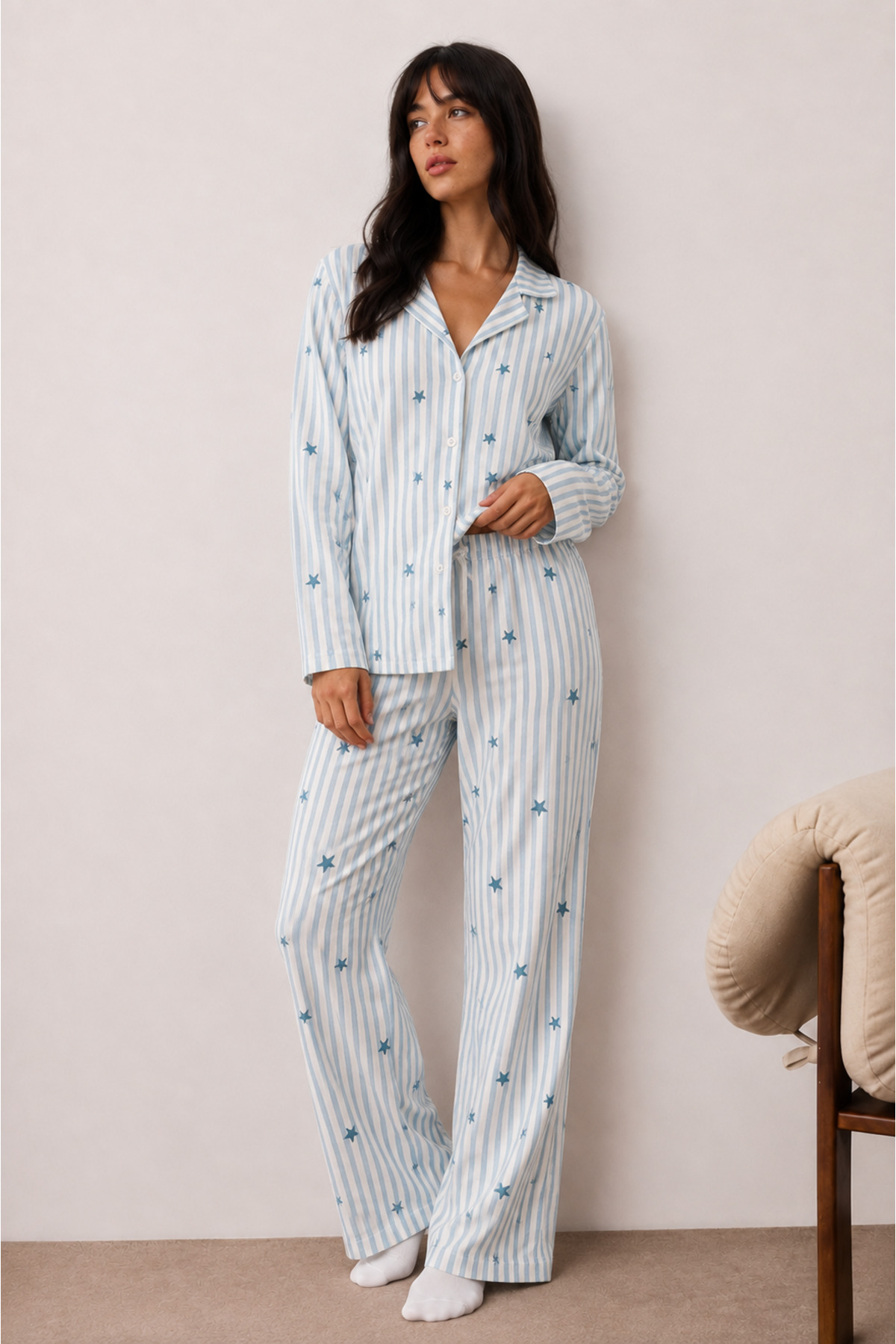 Kadın Düğmeli Kışlık Ev Mavi Pijama Takımı 6