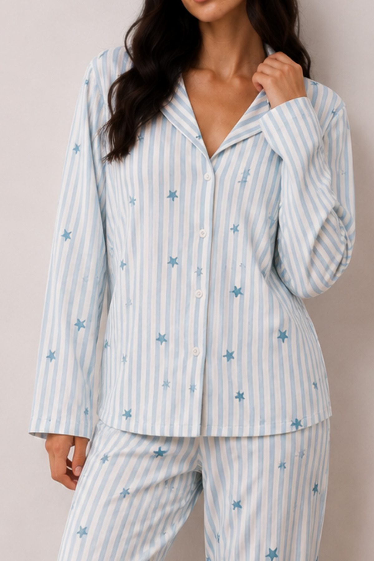 Kadın Düğmeli Kışlık Ev Mavi Pijama Takımı 3