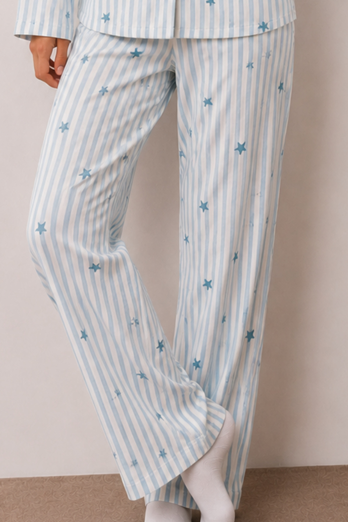 Kadın Düğmeli Kışlık Ev Mavi Pijama Takımı 4