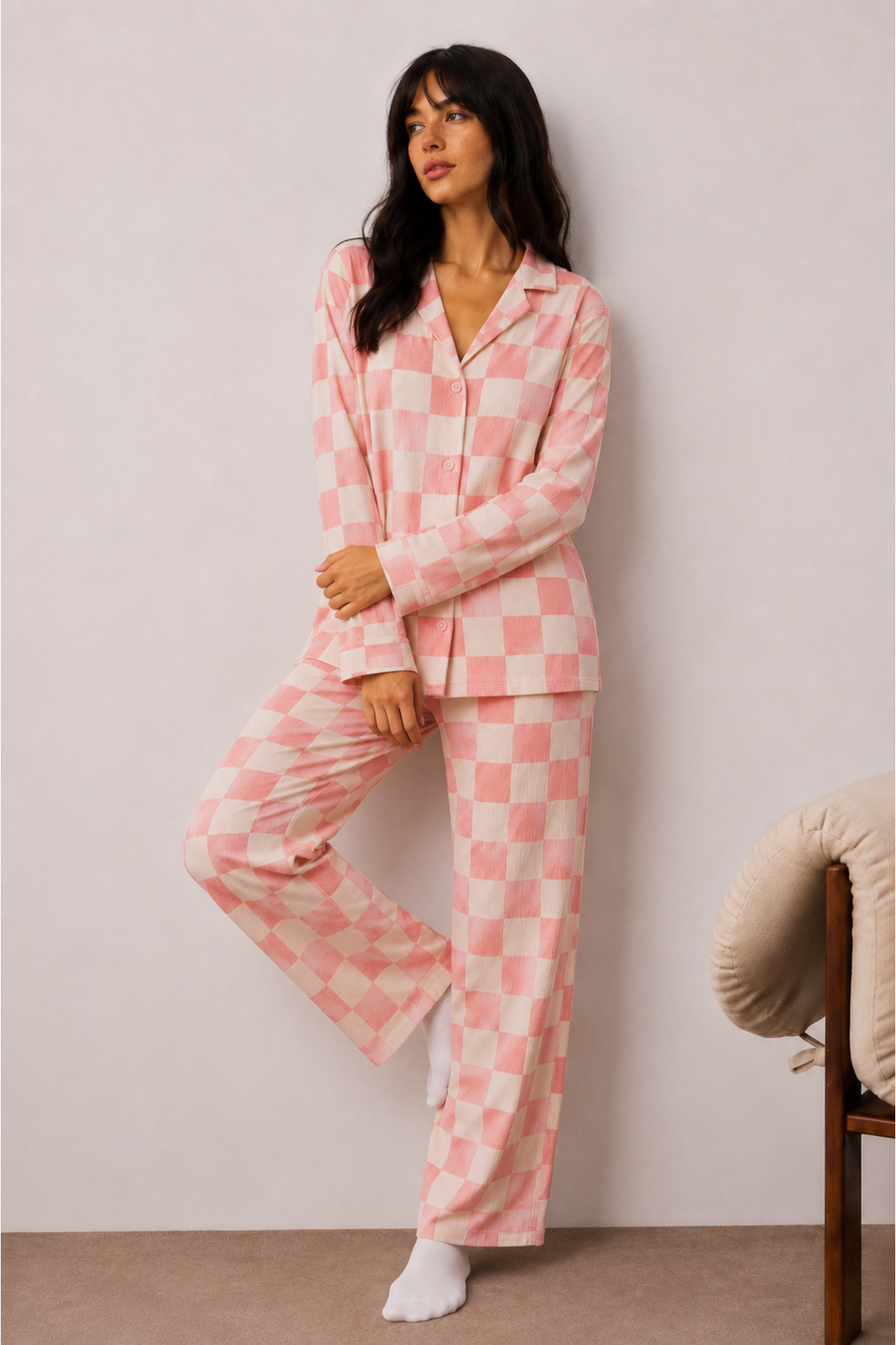 Kadın Düğmeli Kışlık Ev Pembe Pijama Takımı 5
