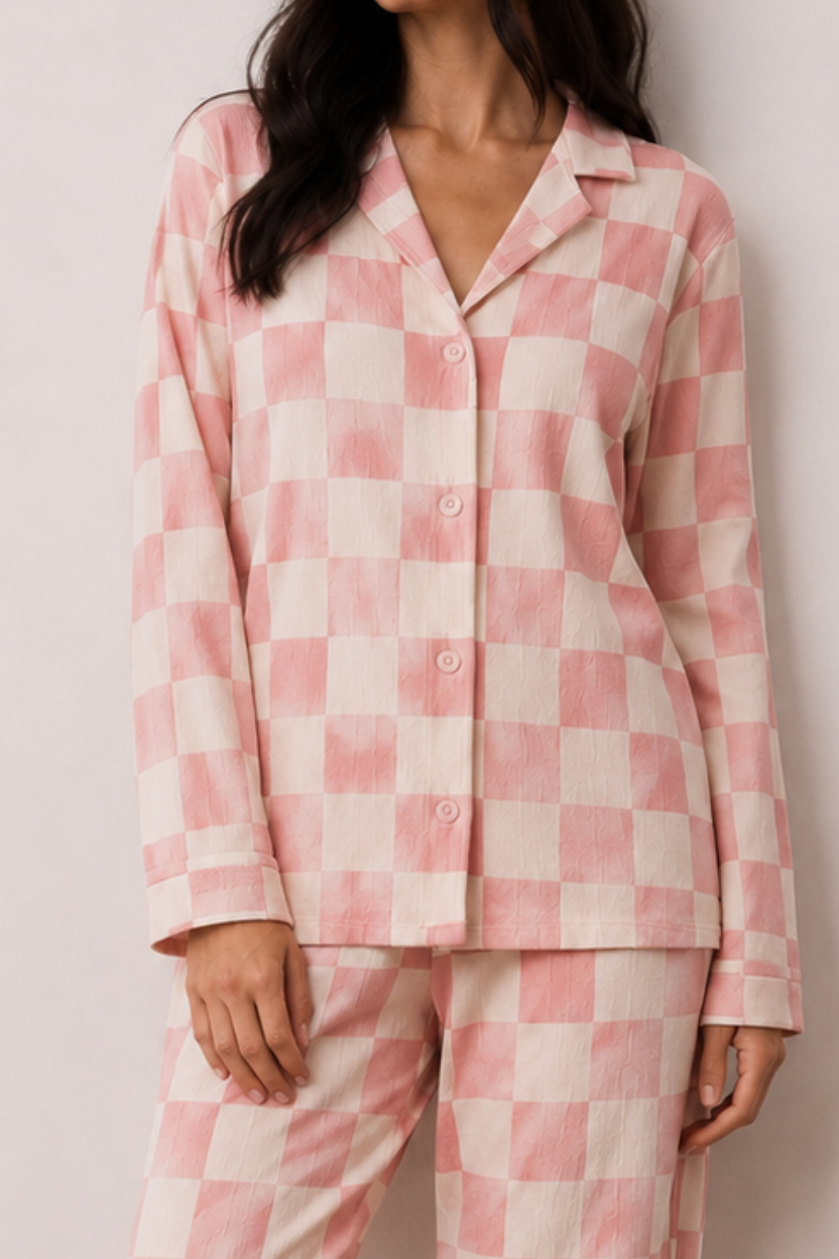 Kadın Düğmeli Kışlık Ev Pembe Pijama Takımı 3