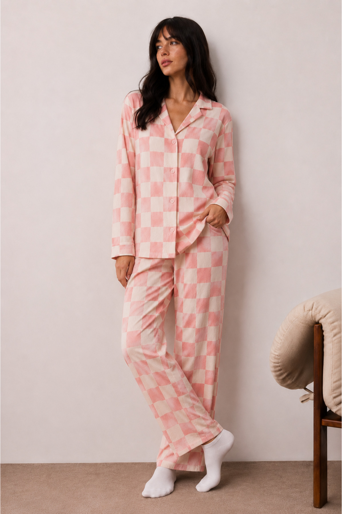Kadın Düğmeli Kışlık Ev Pembe Pijama Takımı 6
