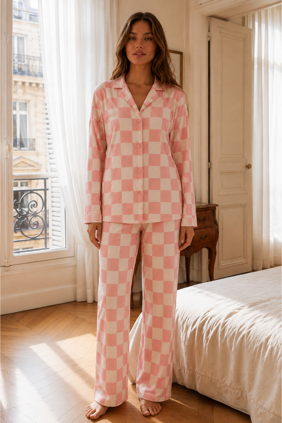 Kadın Relax Fit Düğme Pembe Pijama Takımı 6