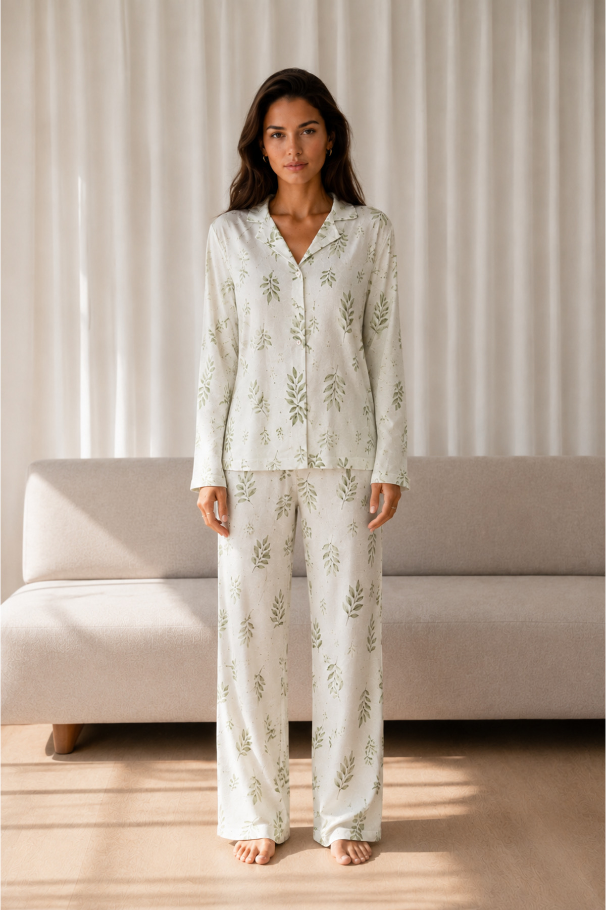 Kadın Desenli Basic Kış Çağla Yeşili Pijama Takımı 5