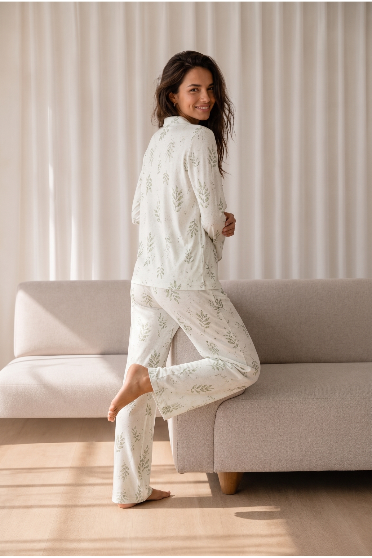 Kadın Desenli Basic Kış Çağla Yeşili Pijama Takımı 6