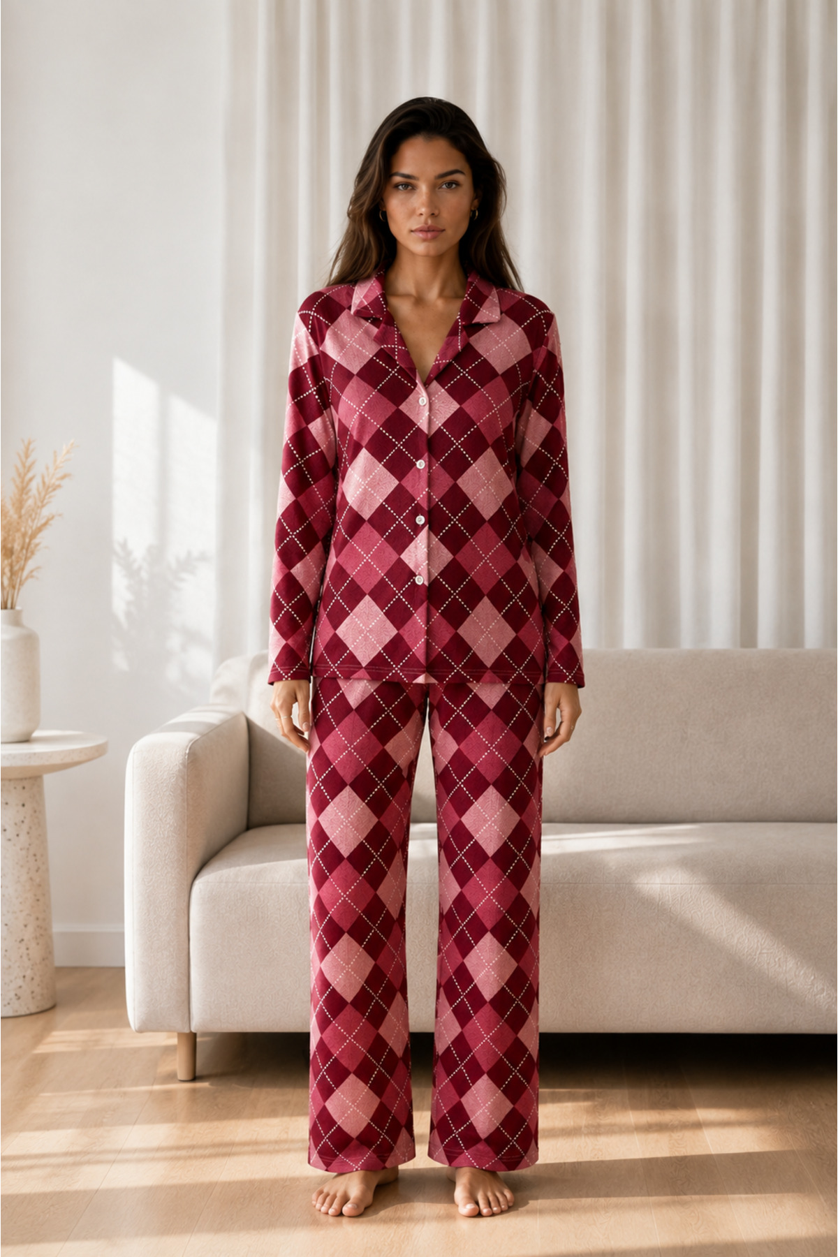 Kadın Desenli Basic Kış Kırmızı Pijama Takımı 5