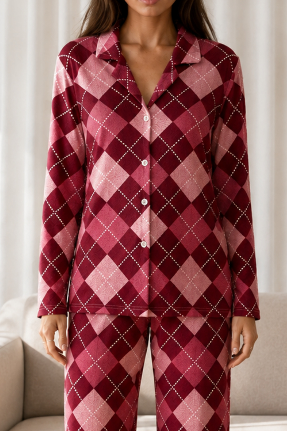 Kadın Desenli Basic Kış Kırmızı Pijama Takımı 3