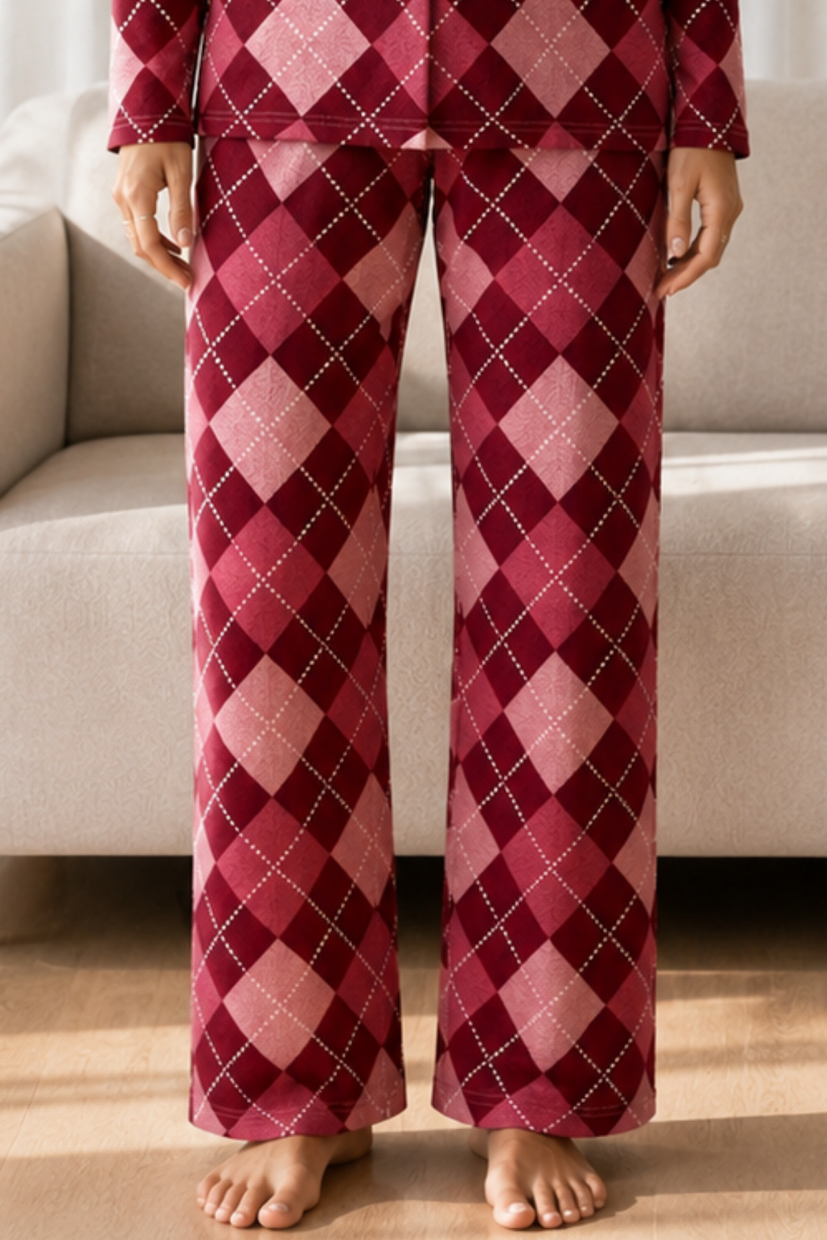 Kadın Desenli Basic Kış Kırmızı Pijama Takımı 4