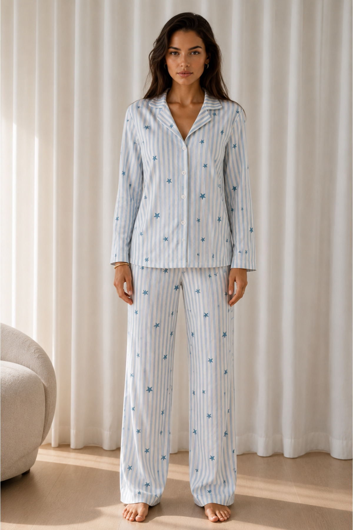 Kadın Desenli Basic Kış Mavi Pijama Takımı 5
