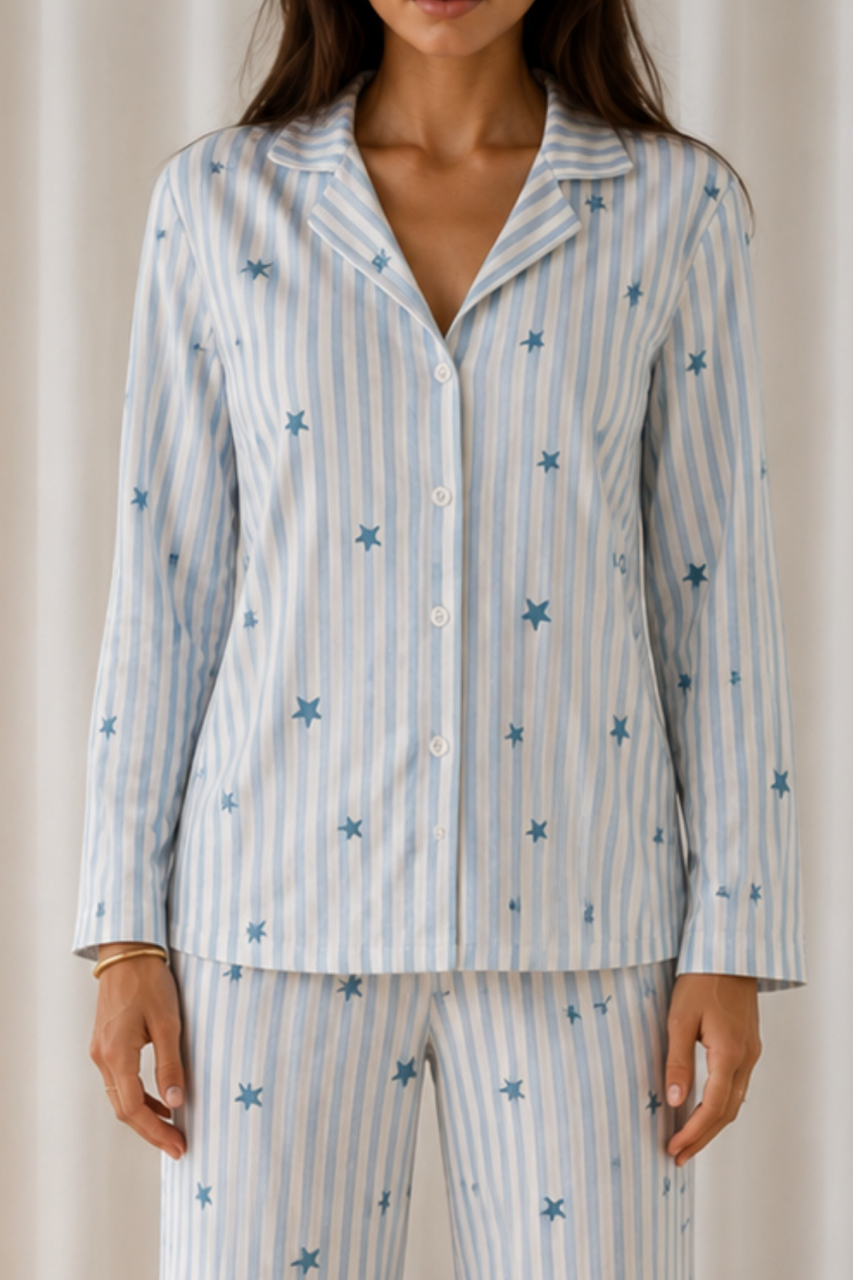 Kadın Desenli Basic Kış Mavi Pijama Takımı 3