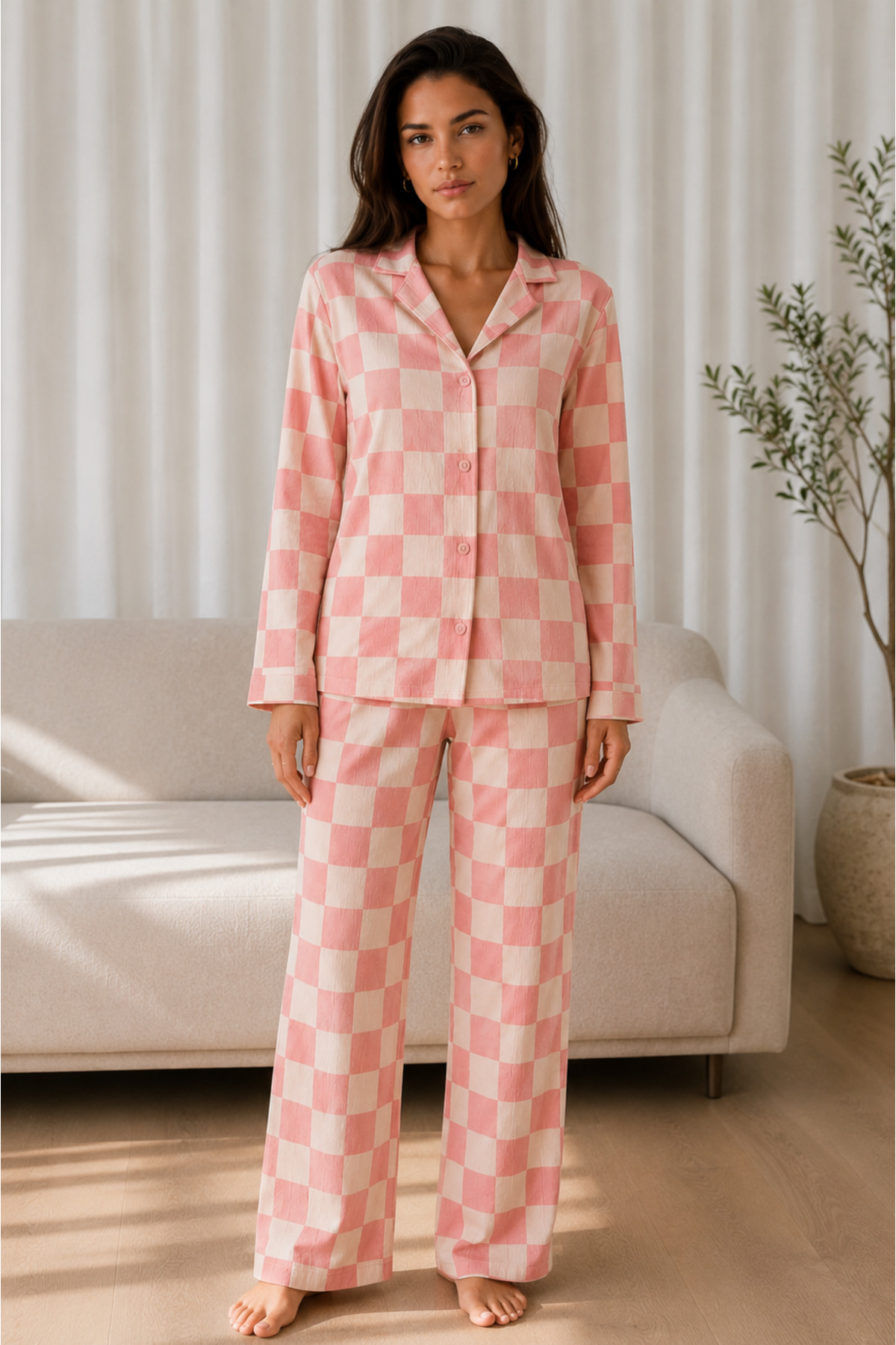 Kadın Desenli Basic Kış Pembe Pijama Takımı 6