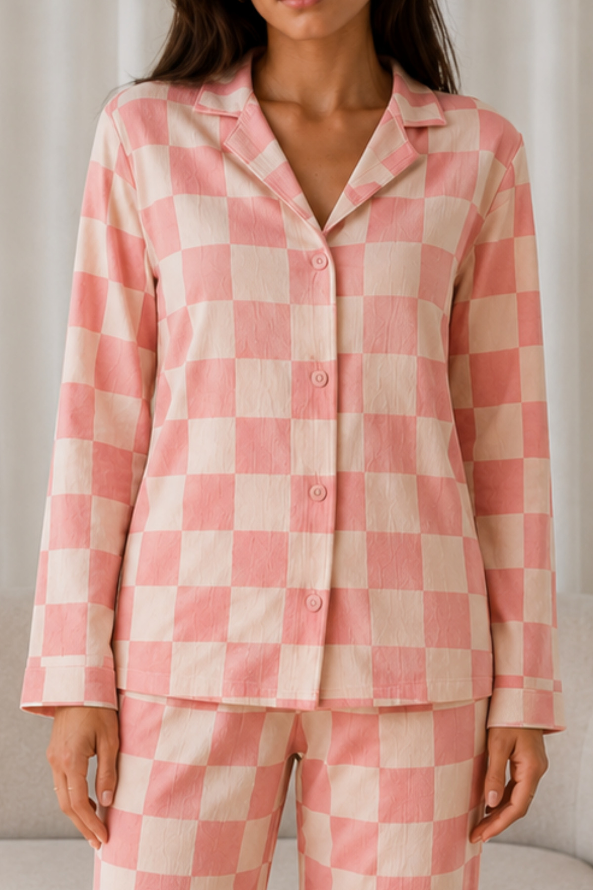 Kadın Desenli Basic Kış Pembe Pijama Takımı 3
