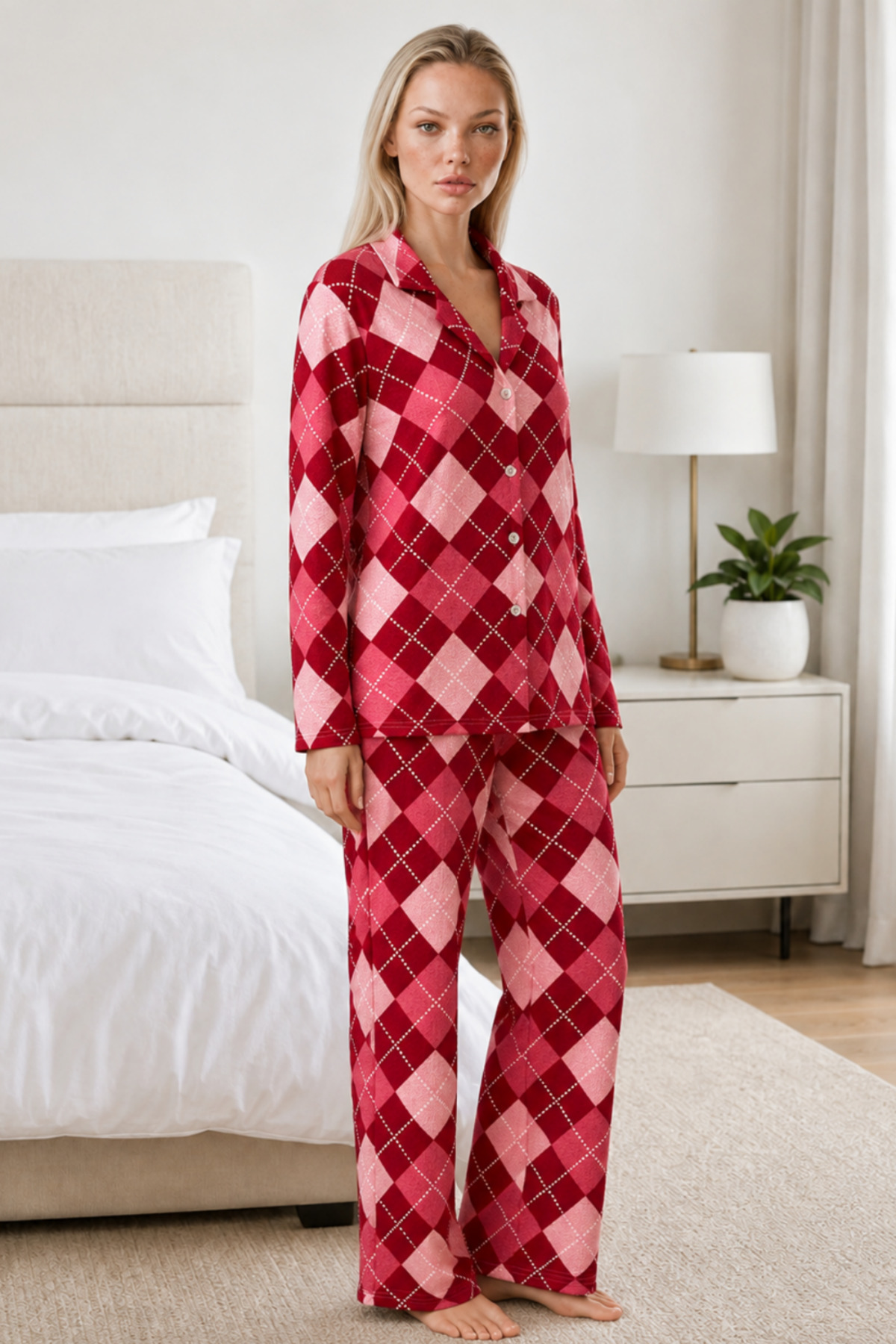 Kadın Casual Esnek Bol Kırmızı Pijama Takımı 4668 6