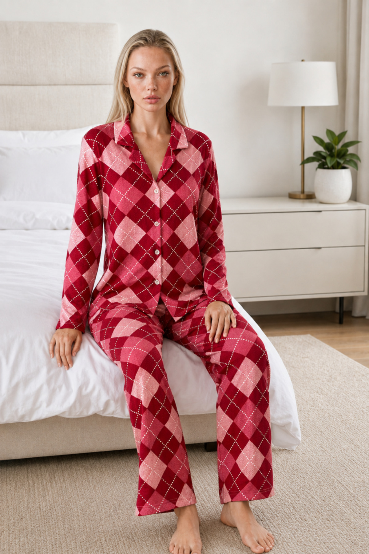 Kadın Casual Esnek Bol Kırmızı Pijama Takımı 4668 3