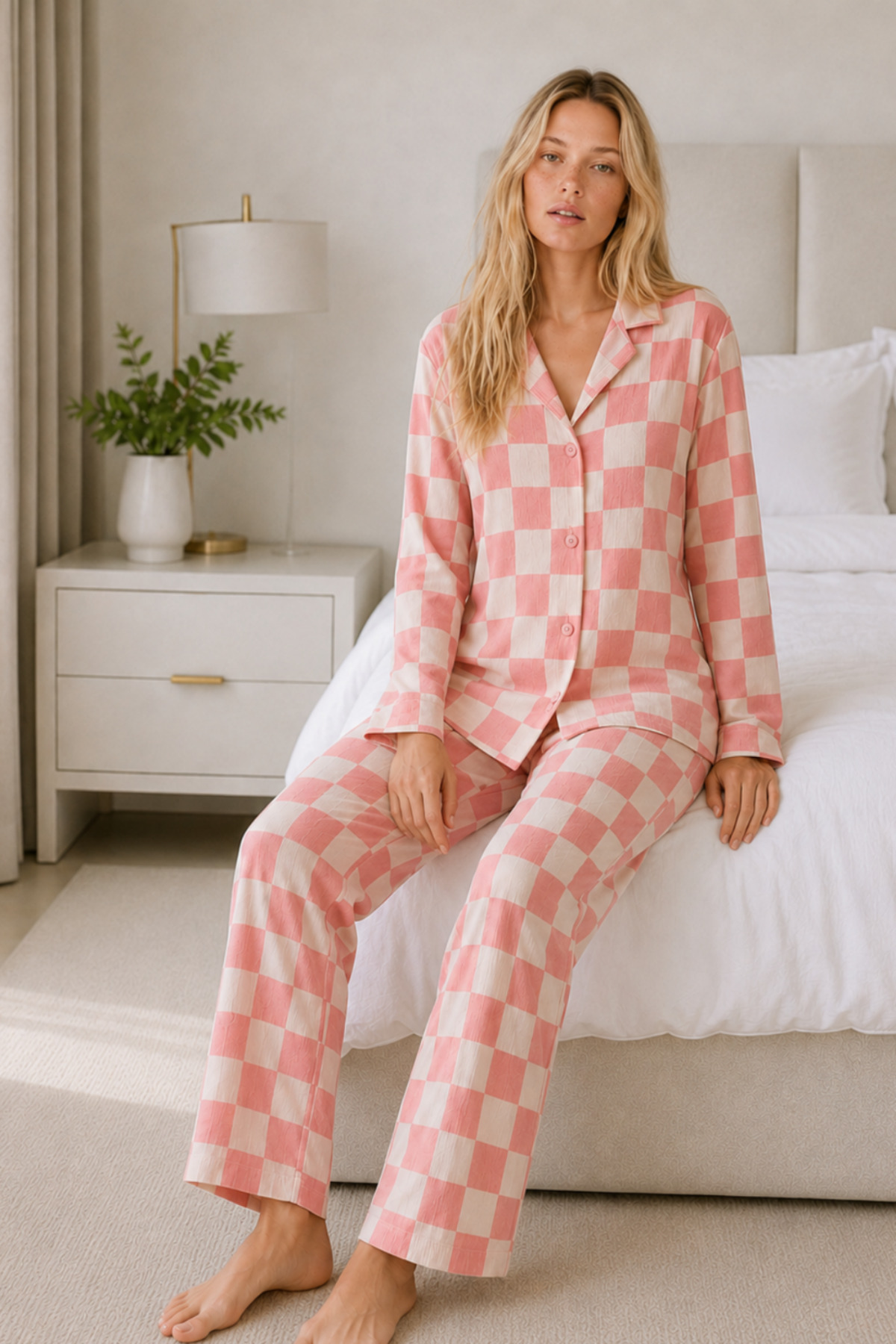 Kadın Casual Esnek Bol Pembe Pijama Takımı 4670 3