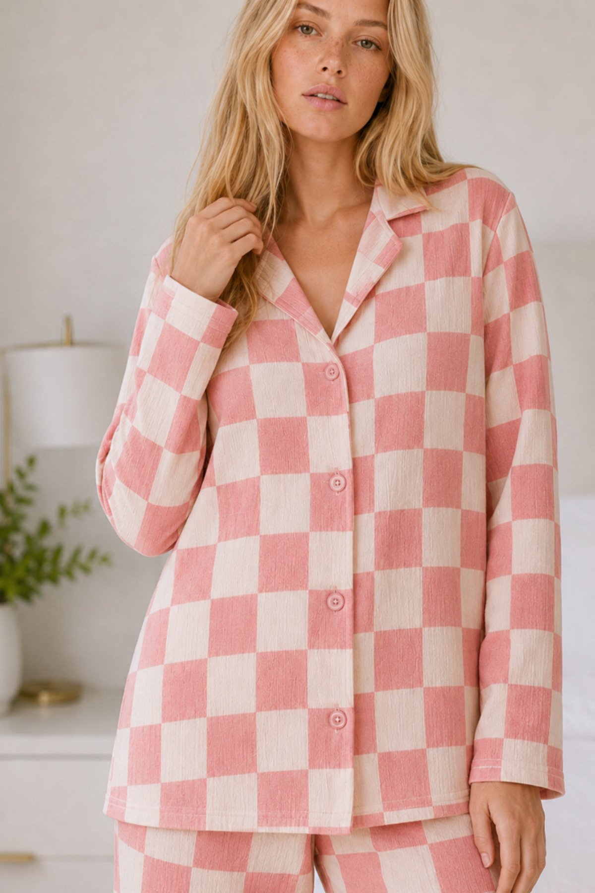 Kadın Casual Esnek Bol Pembe Pijama Takımı 4670 6