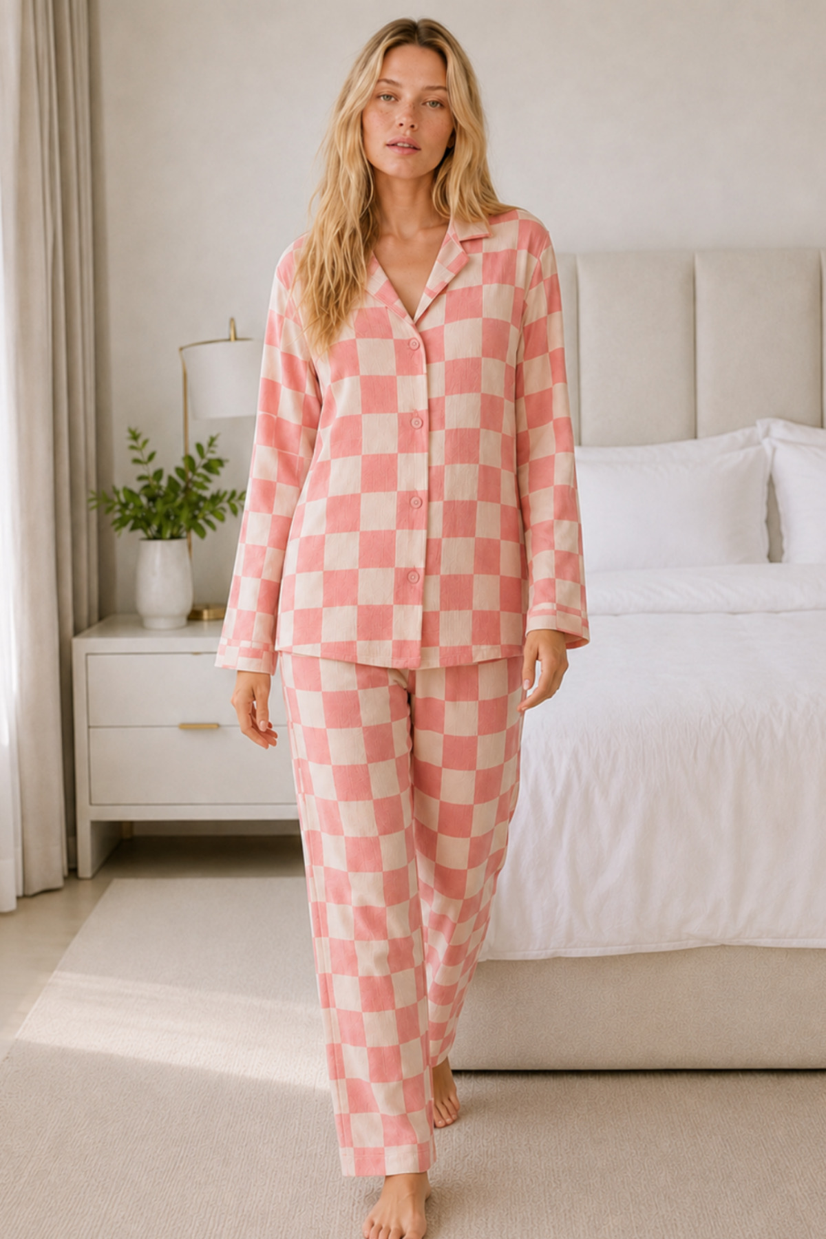 Kadın Casual Esnek Bol Pembe Pijama Takımı 4670 5