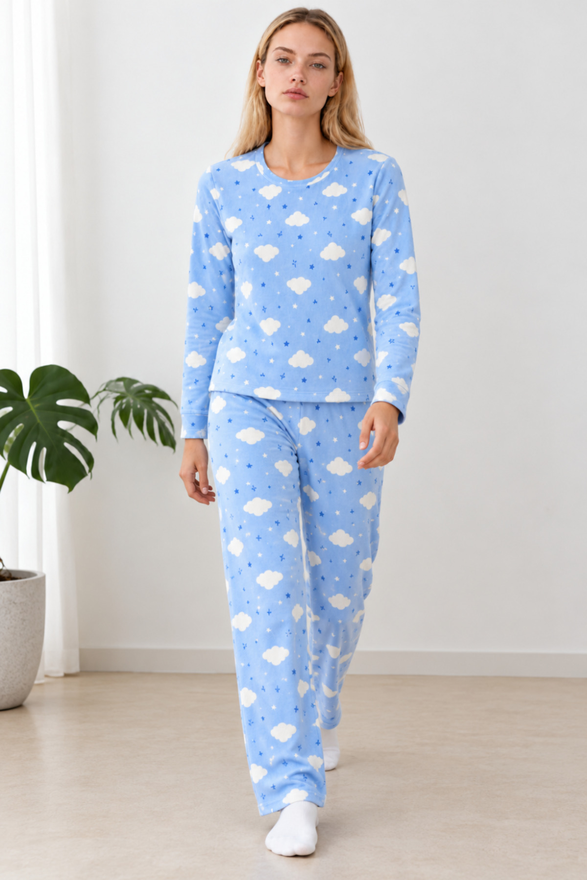 Kadın Kışlık Trend Mavi Gecelik Pijama Takımı 4833 4