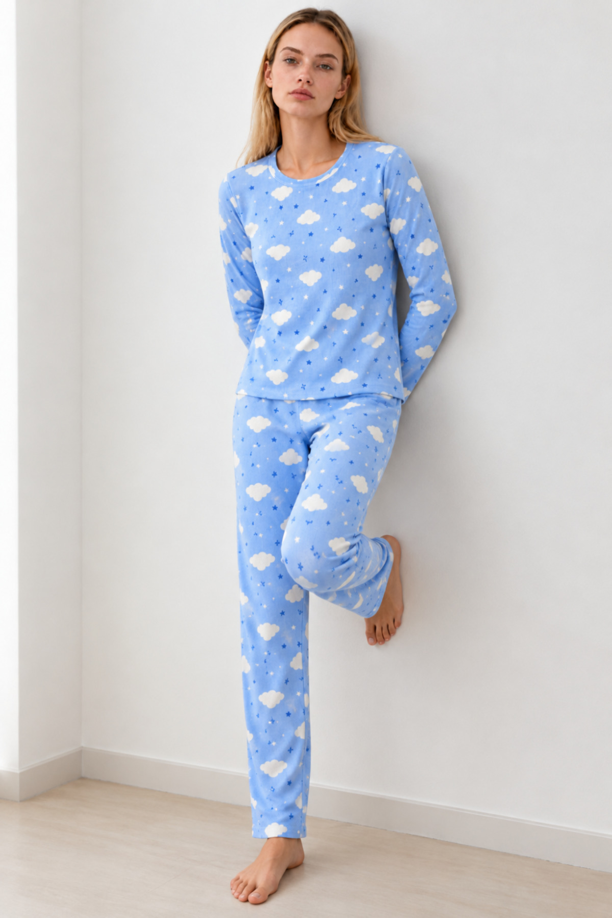 Kadın Kışlık Trend Mavi Gecelik Pijama Takımı 4833 5