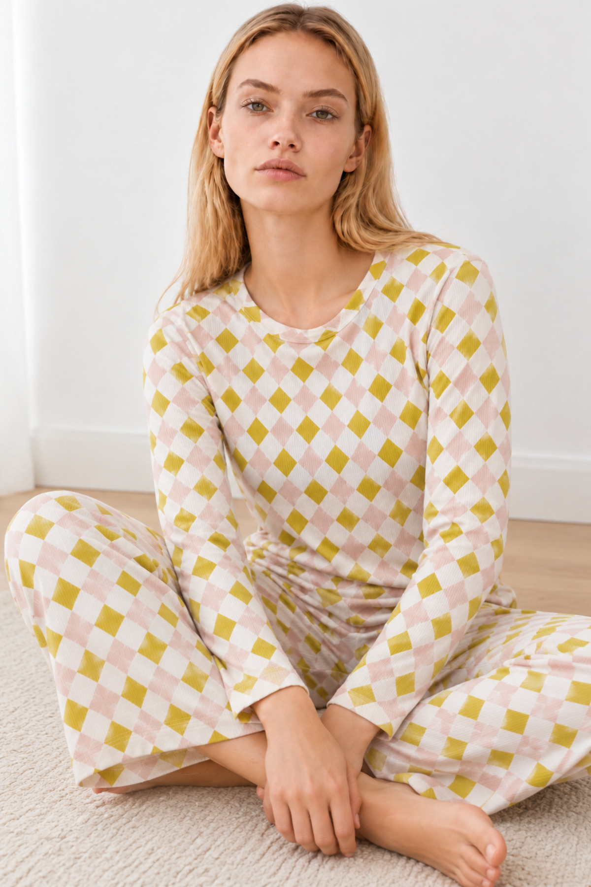 Kadın Kışlık Trend Sarı Gecelik Pijama Takımı 4862 3