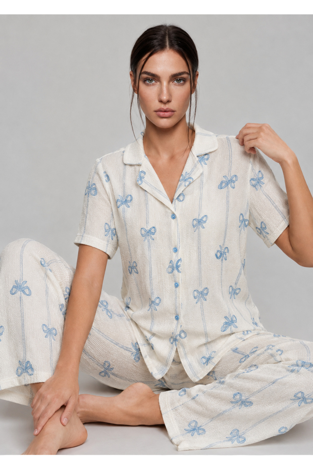 Kadın Kısa Kol Fiyonk Desenli Mavi Pijama Takımı 4771 3