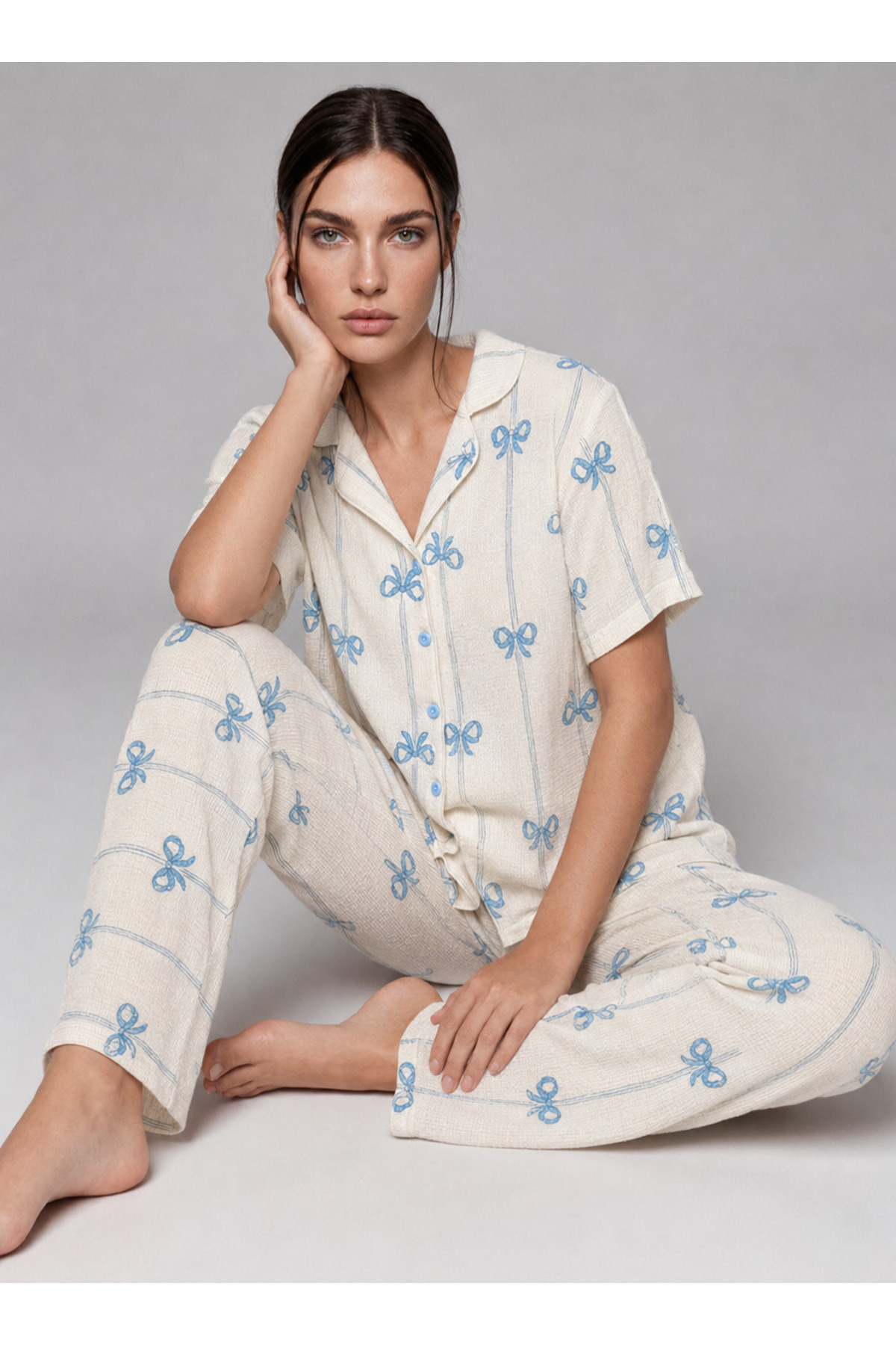 Kadın Kısa Kol Fiyonk Desenli Mavi Pijama Takımı 4771 5