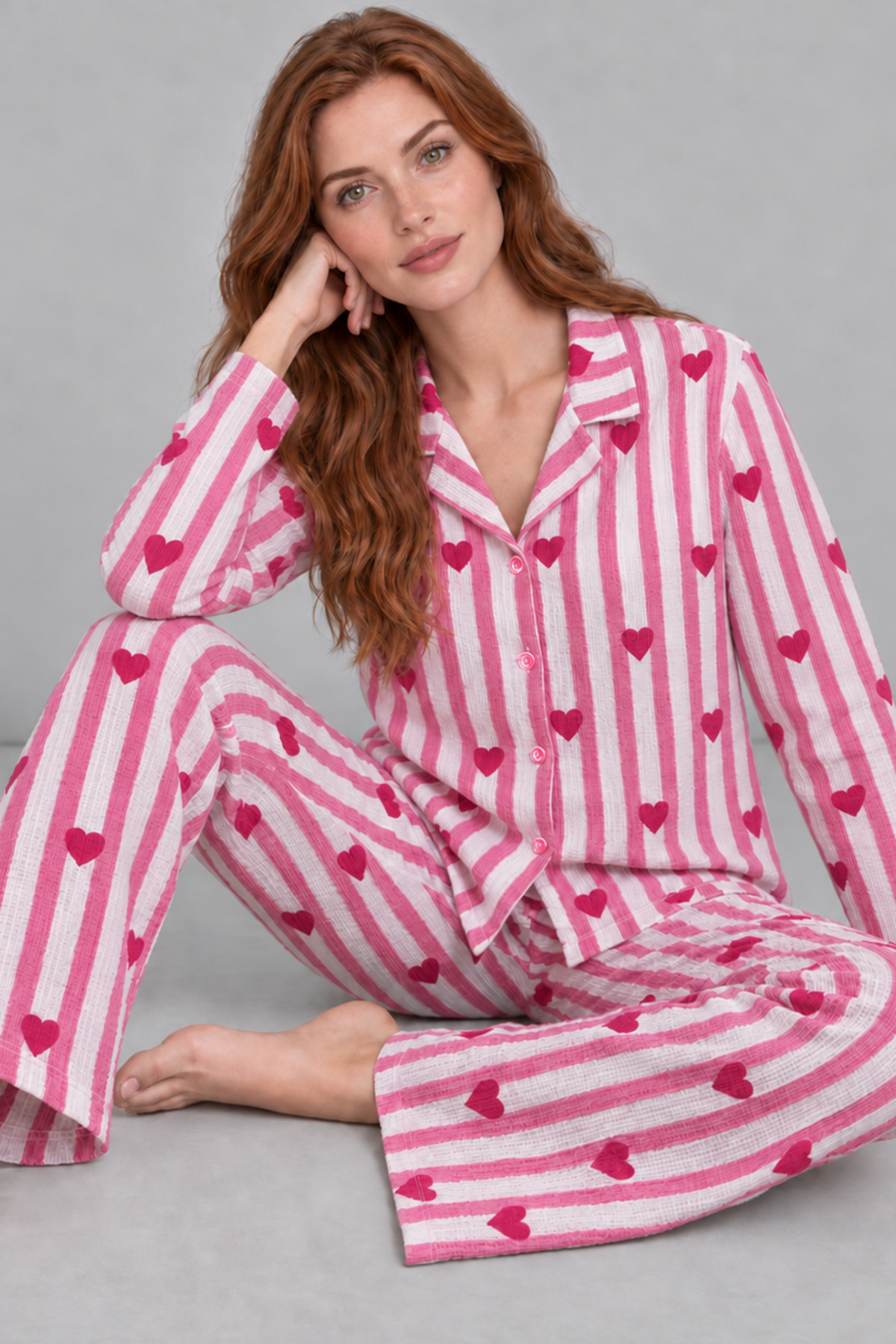 Kadın Uzun Kollu Gömlek Yaka Pembe Çizgili Kalpli Pijama Takımı 4770 6