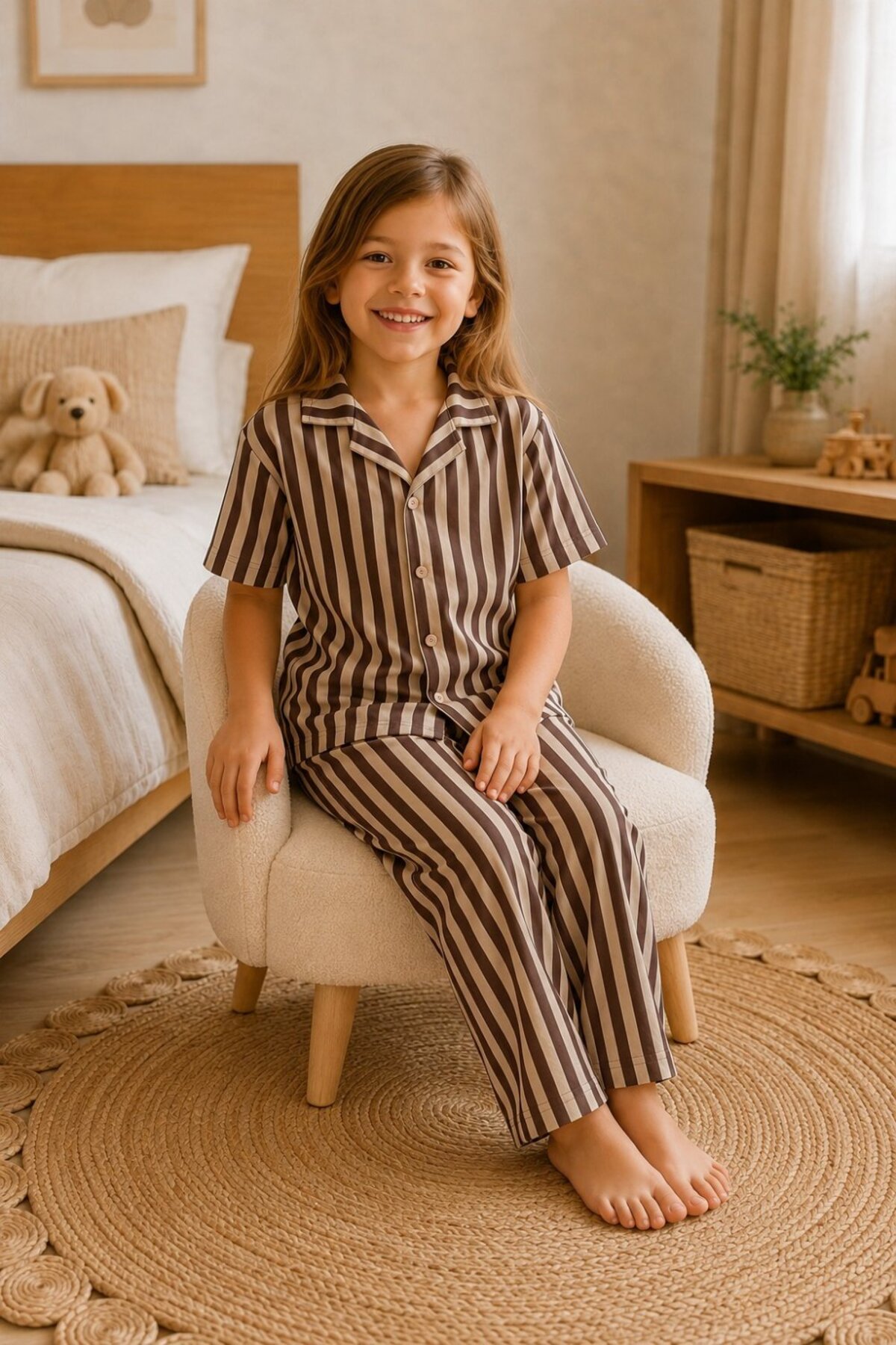 Kız Çocuk Çizgili Gecelik Kahve Pijama Takımı 3